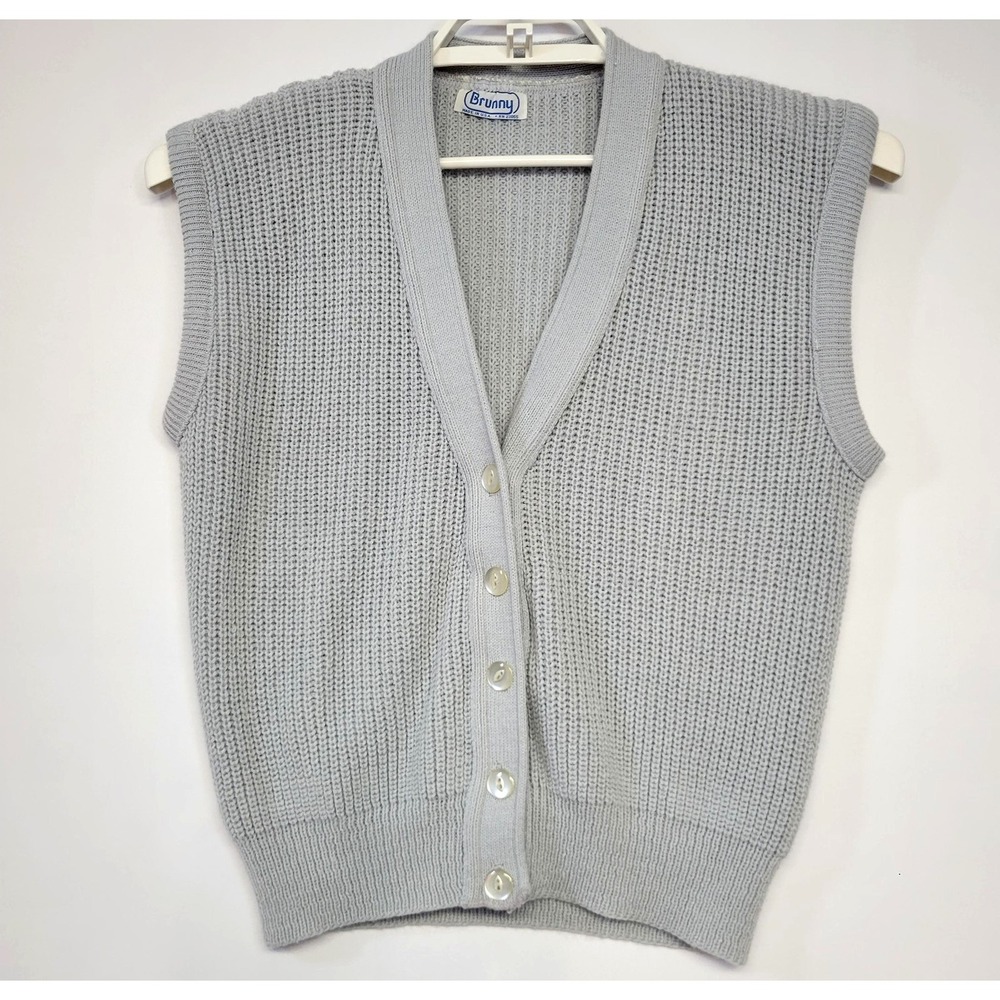 Vintage Brunny Sweater Vest Womens Gray Acrylic Button Front Made USA 80s Knit